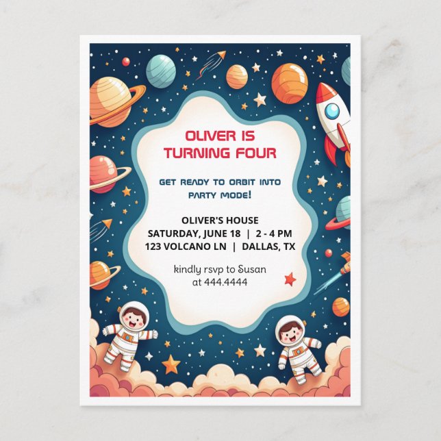 Birthday Invitation Space Boy astronaut Postcard (Front)