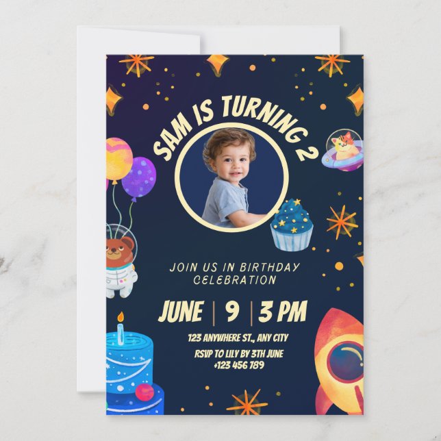 Birthday Invitation Space Rocket for kids  (Front)