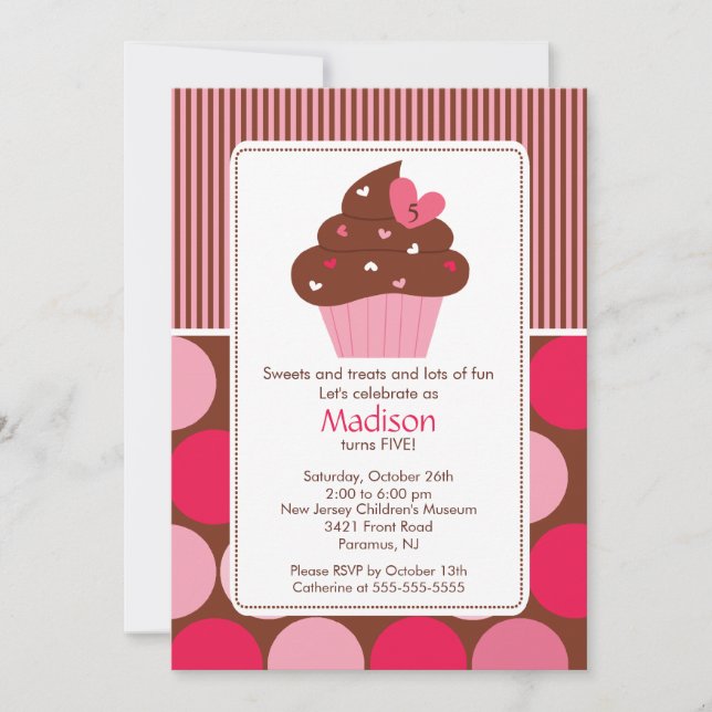 Birthday Invitation Sweet Heart Cupcake Pink Brown (Front)