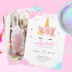 Birthday Invitation   Unicorn with flowers