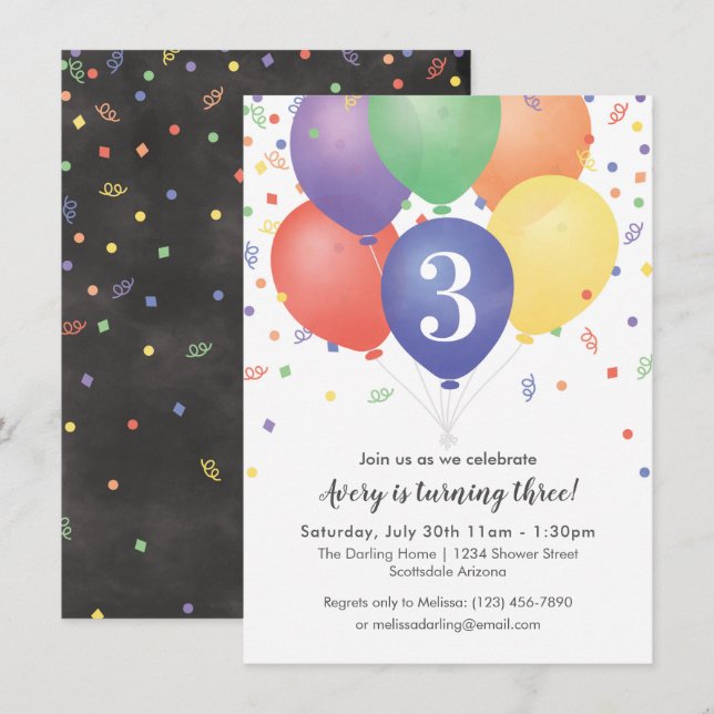 Birthday Invitations with bright coloured balloons (Front/Back)