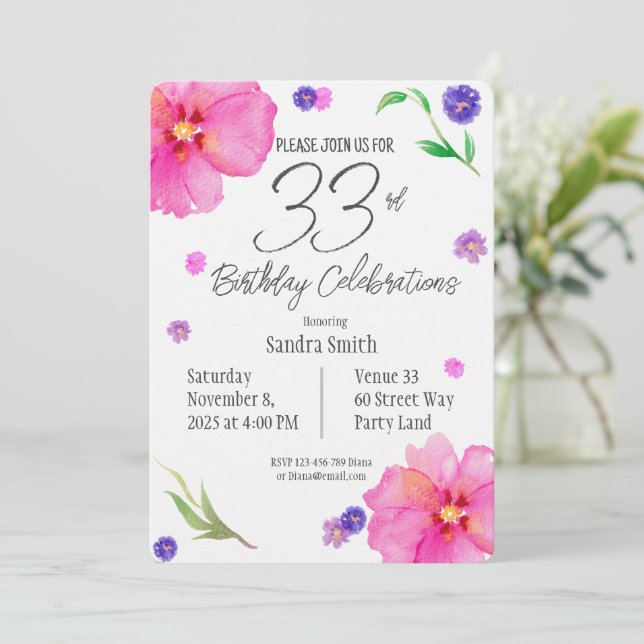 Birthday Invite for | 33rd Party | Floral Design (Standing Front)