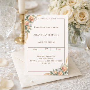 Birthday ivory peach florals ribbon invitation