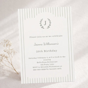 Birthday Ivory Sage Neutral Pinstriped Monogram Invitation
