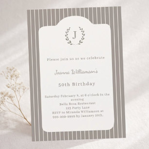 Birthday Ivory Taupe Neutral Pinstriped Monogram Invitation