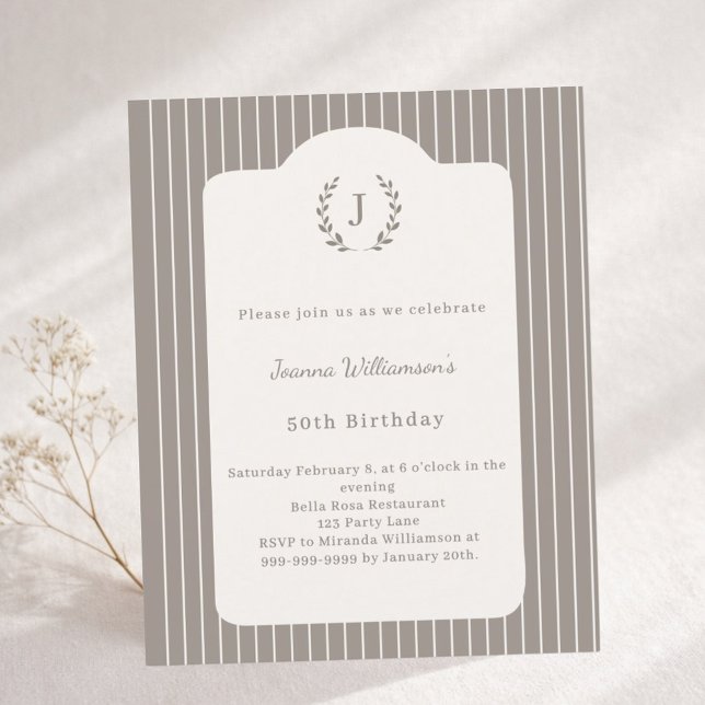 Birthday Ivory Taupe Pinstriped invitation (Creator Uploaded)