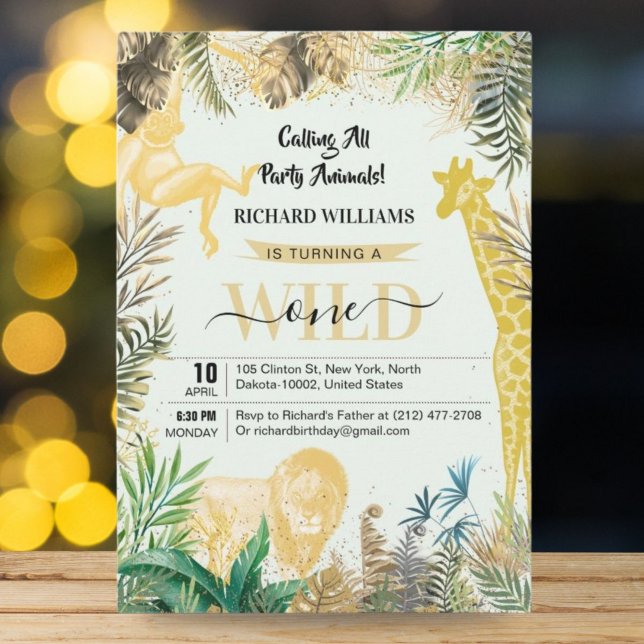 Birthday Kids Wild One Jungle Greenery, Gold Party Invitation (Creator Uploaded)