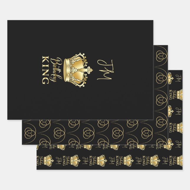 Birthday King Gold Crown Queen Luxury Monogram Wrapping Paper Sheet (Set)