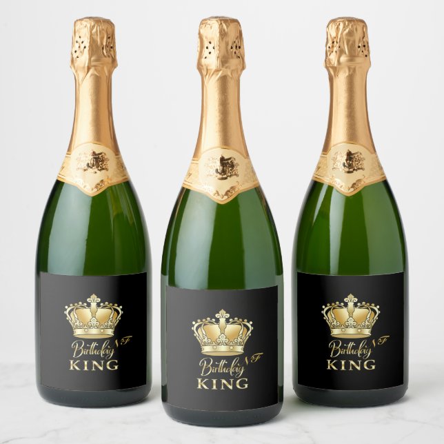 Birthday King Gold Crown Royal Monogram Luxury Sparkling Wine Label (Bottles)