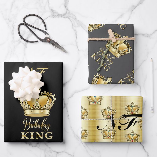 Birthday King Gold Crown Royal Monogram Luxury Wrapping Paper Sheet (Front)