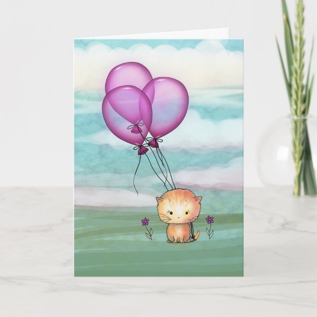 Birthday Kitten with Purple Balloons Card (Front)