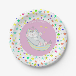 Birthday Kitty Cat & Multicolored Stars Paper Plate