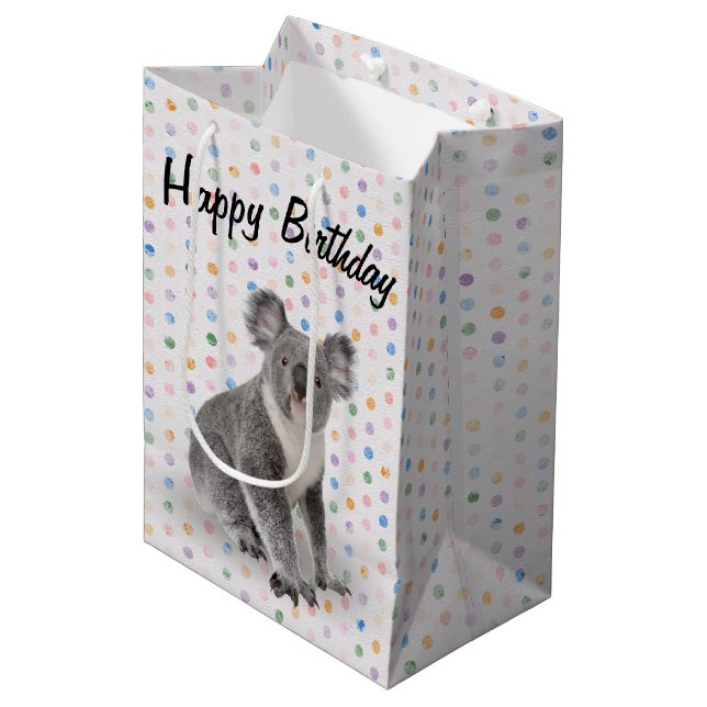 Birthday Koala Bear on Polka Dots Medium Gift Bag (Front Angled)