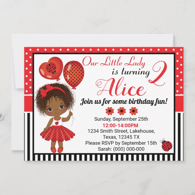 Birthday Ladybug Invitation with Little Girl (Front)