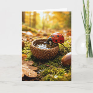 Birthday Ladybug Sipping Water from an Acorn Cap Card