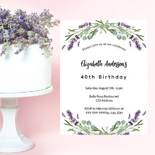 Birthday lavender florals eucalyptus luxury invitation