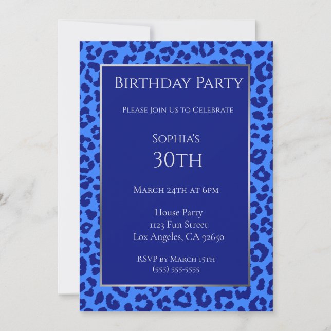 Birthday-Leopard Pattern-Blue- Invitation (Front)