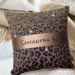 Birthday leopard pattern brown black name age cushion<br><div class="desc">Elegant, cool, glamourous and feminine for as a 50th (or any age) birthday gift with brown, golden and black leopard pattern, decorated with golden confetti. Personalise and add a name and age 50. A faux bronze metallic looking band. Black hand lettered style script, letters. Back: template for a date. Date...</div>
