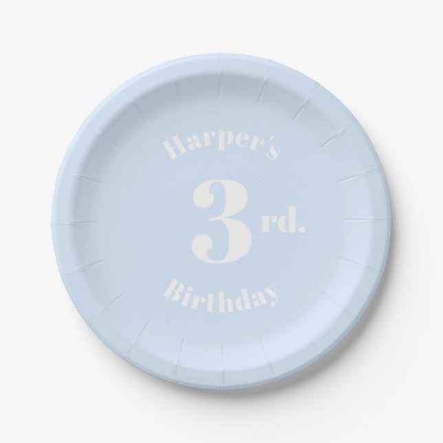 Birthday light blue Custom name and number Paper Plate (Front)
