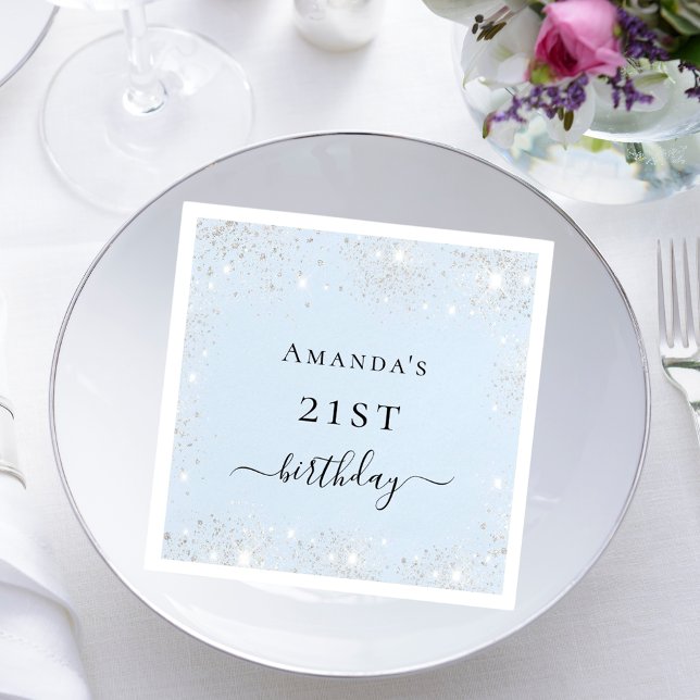 Birthday light blue silver glitter dust monogram napkin (Creator Uploaded)