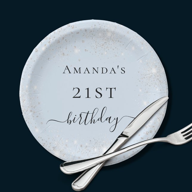 Birthday light blue silver glitter dust monogram paper plate (Creator Uploaded)