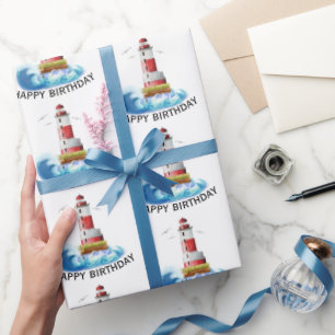 Birthday Lighthouse With Wave   Wrapping Paper