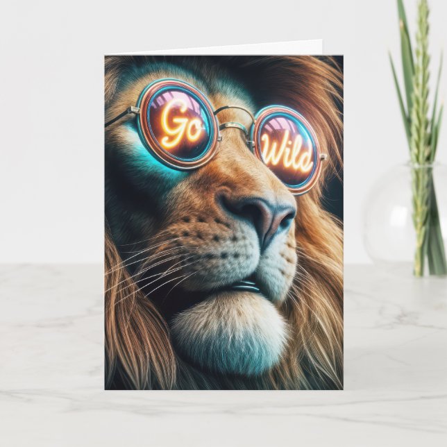 Birthday Lion Wearing Neon Sunglasses With Text Card (Front)