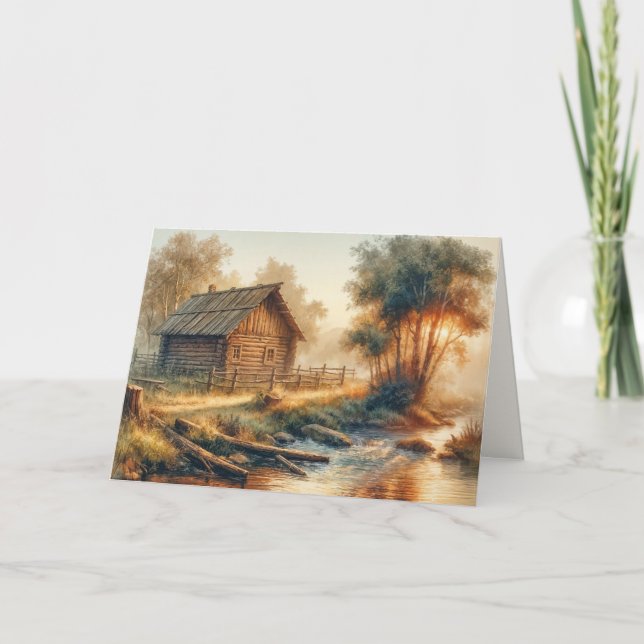 Birthday Log Cabin In Golden Morning Mist Card (Front)