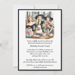 Birthday Lunch Chic Ladies Black Hat  Invitation