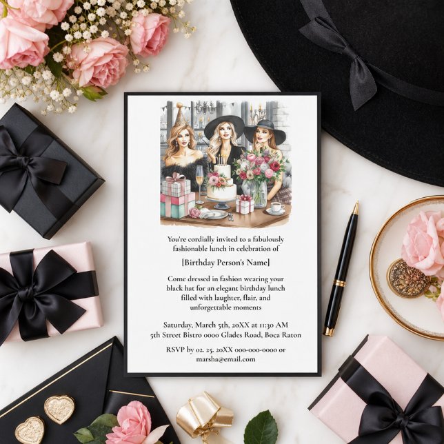 Birthday Lunch Chic Ladies Black Hat  Invitation (Creator Uploaded)