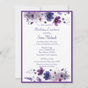 Birthday Lunch Purple Watercolor Flowers Invitation
