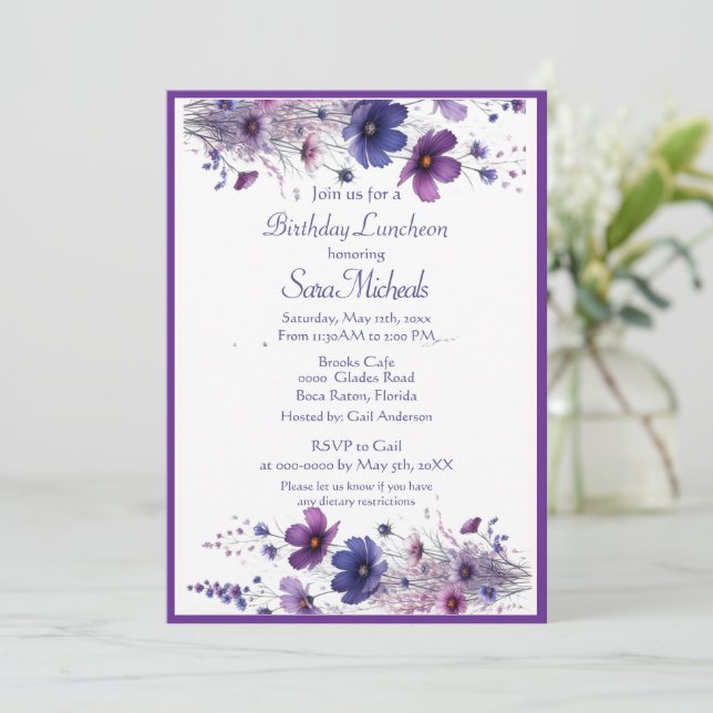 Birthday Lunch Purple Watercolor Flowers  Invitation (Standing Front)