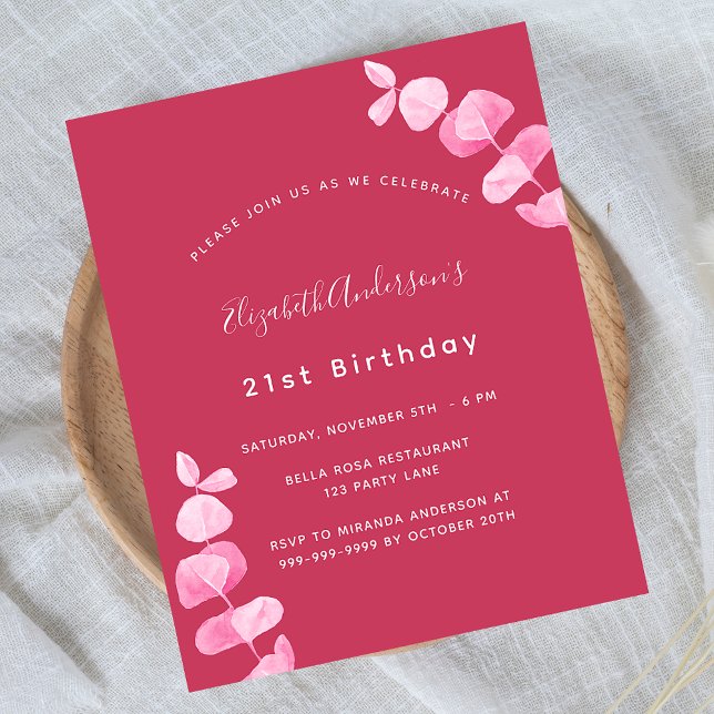 Birthday magenta eucalyptus budget invitation flyer (Creator Uploaded)