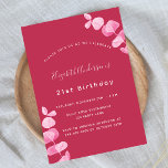 Birthday magenta white eucalyptus invitation postcard<br><div class="desc">A magenta background,  decorated with eucalyptus stems,  sprigs.  Personalise and add a name,  age and party details.</div>