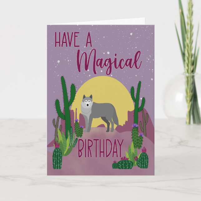 Birthday Magical Wolf Cactus Card (Front)