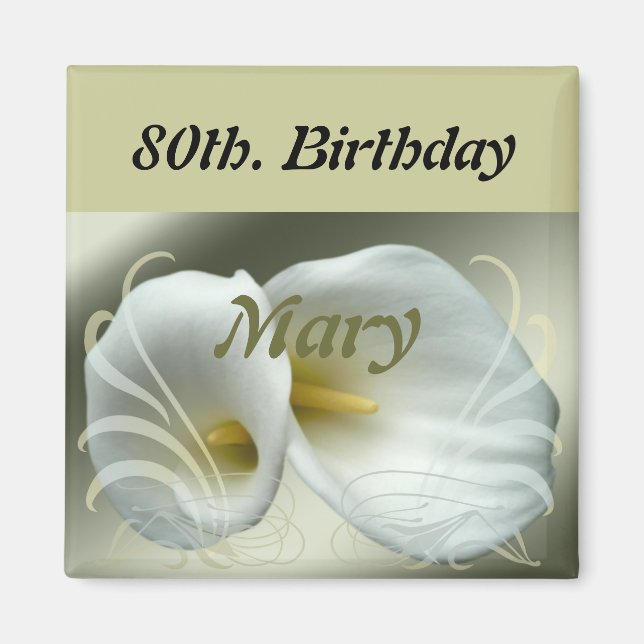 Birthday Magnet with white lily design (Front)
