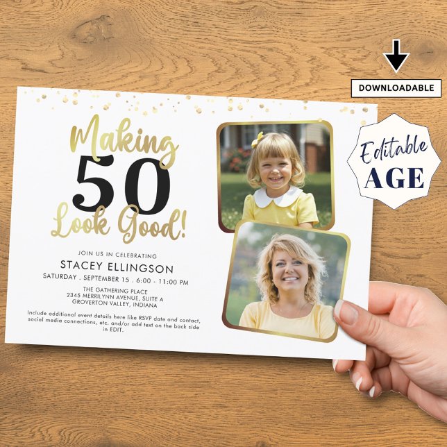 Birthday Making AGE Look Good 2 Photos Gold Black Invitation (Creator Uploaded)