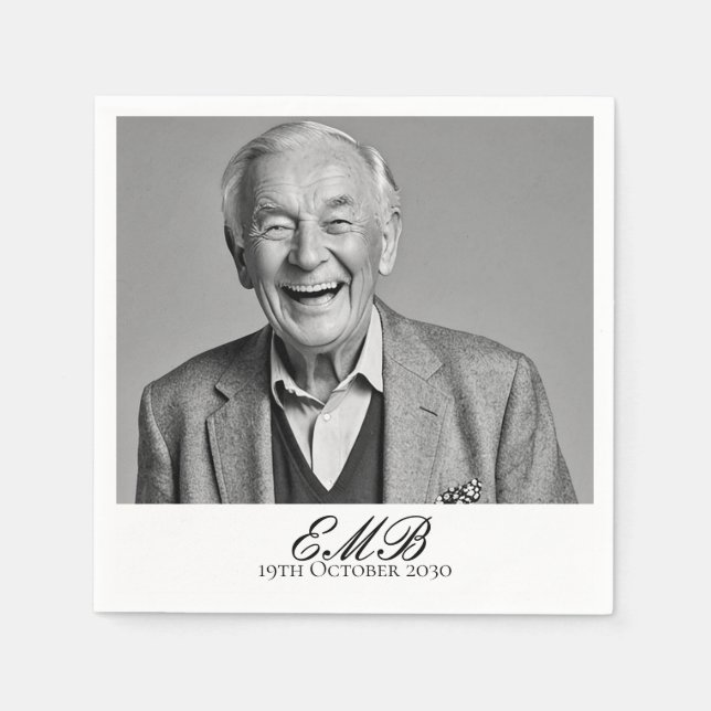Birthday Male Stylish Photo Black White Monogram  Napkin (Front)