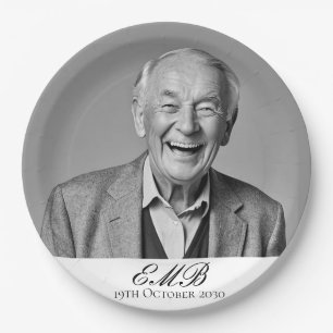 Birthday Male Stylish Photo Black White Monogram Paper Plate