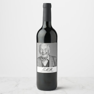 Birthday Male Stylish Photo Black White Monogram  Wine Label