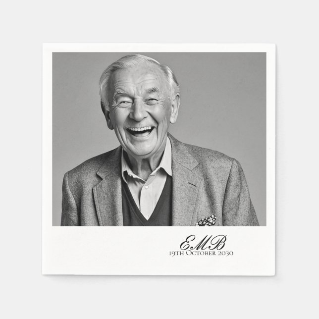 Birthday Male Stylish Photo White Monogram  Napkin (Front)