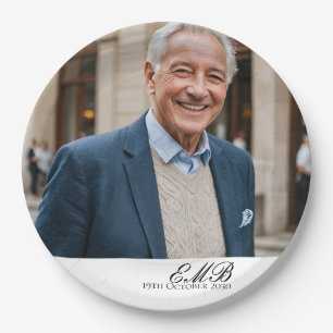 Birthday Male Stylish Photo White Monogram Paper Plate