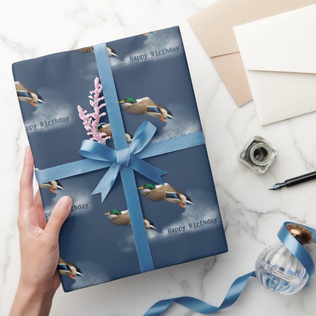 Birthday Mallard Duck Flying Over Water Wrapping Paper (Gifting)