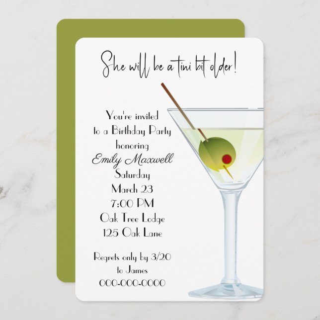 Birthday Martini Party On White Invitation (Front/Back)