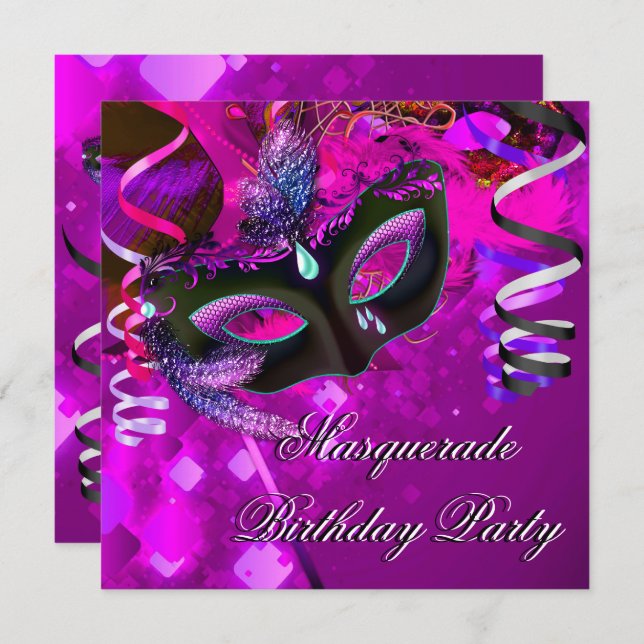Birthday Masquerade Party Mask Purple Pink Invitation (Front/Back)