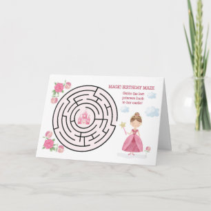 Birthday Maze Pink Princess with Wand and  Castle  Card