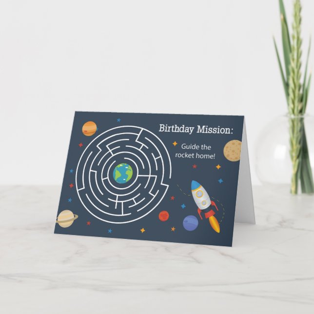 Birthday Maze Rocket Ship in Space For Child Card (Front)