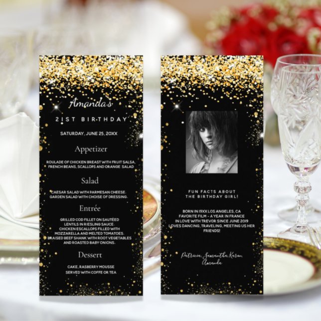 Birthday Menu black gold glitter photo fun facts (Creator Uploaded)