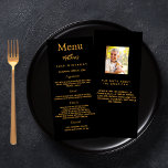 Birthday Menu black gold photo fun facts<br><div class="desc">Birthday party menu card.  Personalise and add a name,  age,  date and the menu. A black background. Golden coloured letters.
Back: add a photo of the birthday guy,  fun facts</div>