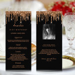 Birthday Menu black gold photo glitter fun facts<br><div class="desc">Birthday party menu card.  Personalise and add a name,  age,  date and the menu. A chic black background,  decorated with dark faux gold glitter drips.  Golden coloured letters.
Back: add a photo of the birthday girl,  fun facts and names.</div>